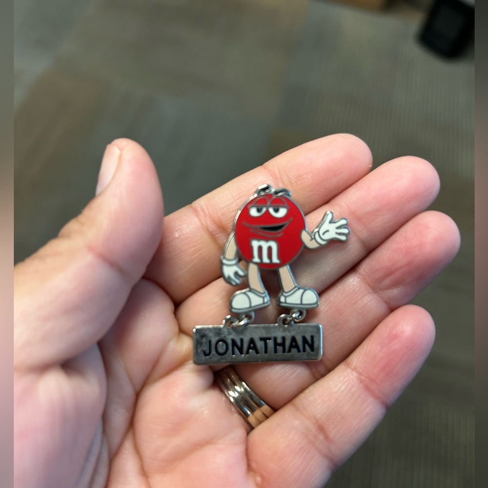Red M&M Name Plate Name Tag Pin JOE Souvenir M&Ms World Mars Candy